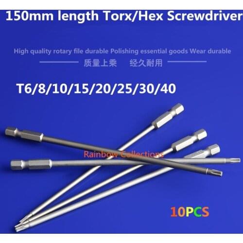 10pcs/set 150mm length S2 Screwdriver Bit Torx/Hex Bit Tools Magnetic Screwdriver Without holes T6/8/10/15/20/25/30/40
