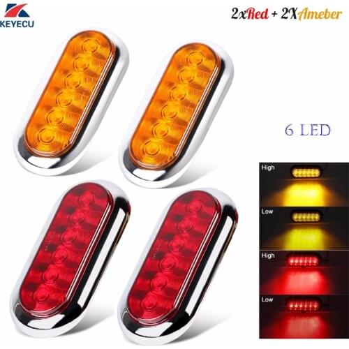 Keyecu 4 PCS 6" Oval 6 LED Brake Reverse Stop Turn Signal Tail Park Lights w/ Chrome Bezels 12V for Truck Trailer
