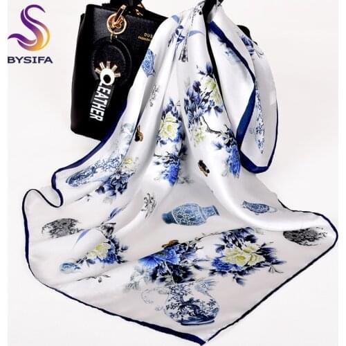 [BYSIFA] Chinese Style Peony Design 100% Silk Scarf Women Blue White Neck Scarf Small Bag Ribbons Fashion Brand Square Scarves