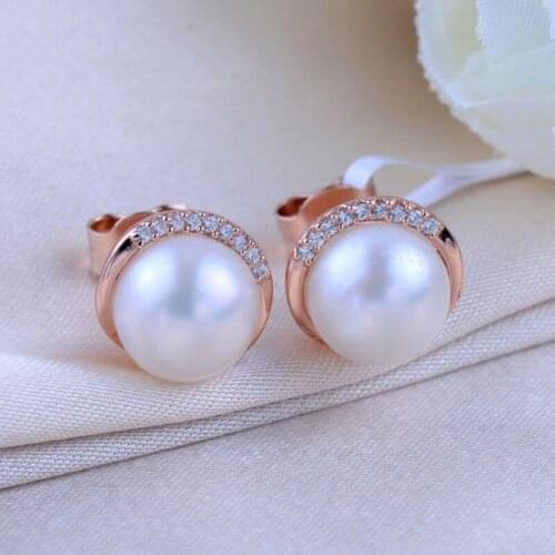 Natural Diamonds Freshwater pearl 7MM Solid 14K Rose Gold Earrings