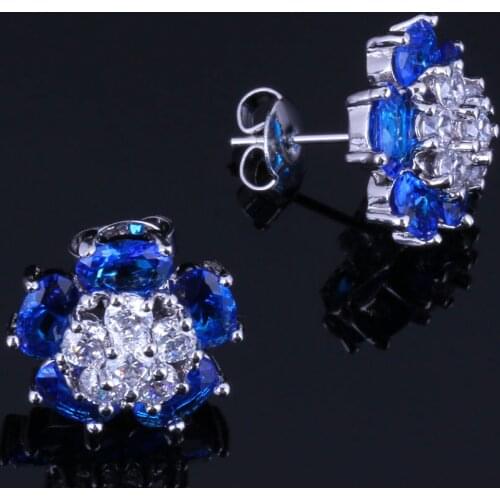 Enjoyable Flower Blue Cubic Zirconia White CZ Silver Plated Stud Earrings V0869