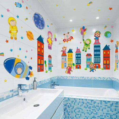 [shijuekongjian] Astronauts Planets Rockets Wall Stickers DIY Cartoon Castles Wall Decals for Kids Rooms Baby Bedroom Decoration