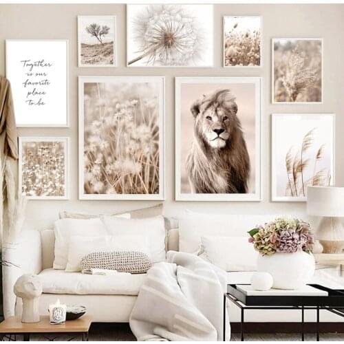 Nordic Poster Lion Reed Dandelion Quotes Dry Tree Beige Wall Art Oil Painting To Print Wall Pictures Of Living Room Decoration
