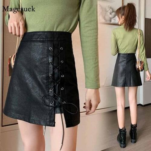 A-Line Causal New Fashion Women Solid Short Sexy Skirt High Waist Skirt Casual Lace-Up Black PU Leather Skirt Faldas Mujer 11368
