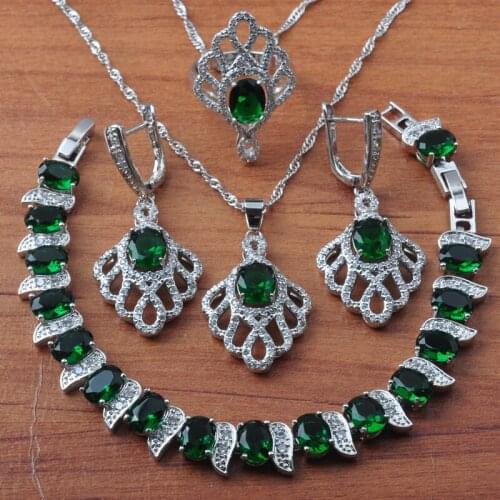 Amazing Jewelry Sets For Women Bridal jewelry Green Zirconia Silver Color Earrings Necklace Set Rings Bracelet Set JS0626