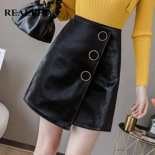 REALEFT New 2020 Autumn Winter Womens PU Leather A-Line Skirts Chic Button Sexy Skirts High Waist Wrap Short Skater Skirts