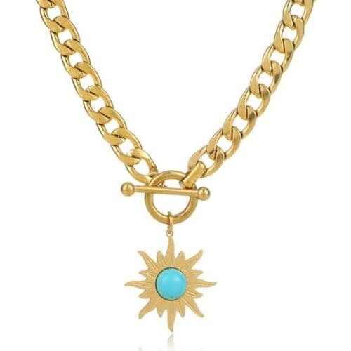 Stainless Steel Gold Turquoises Cuban Chain Link Women Hip Hop Street Dance Necklace Sun Jewelry Gift For Him