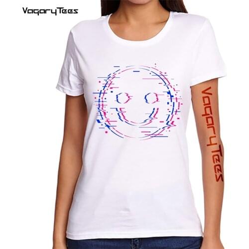 Glitch Smiley Face Print T Shirt Women Summer Hipster Geek style Cute girl Tees Loose Punk Kawaii Vintage Famale T shirt