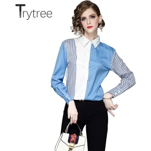 Ttytree Autumn Summer Blouses Casual shirt Women Turn-down Collar Striped Sleeves Single-breasted Blue Tops Office Lady Shirts
