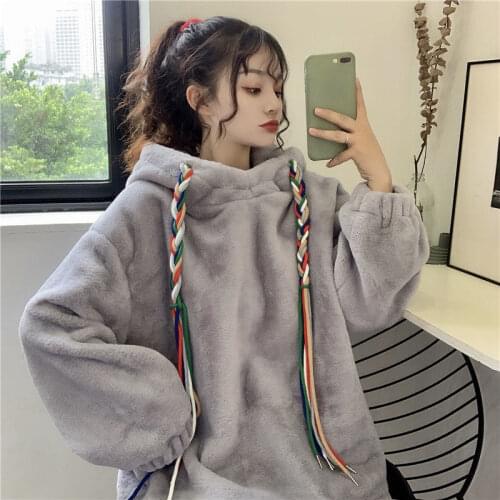 Hoodies Women Womens Hooded Sweater Autumn and Winter Loose Furry Plush Top Hoodies Sweatshirts Tops