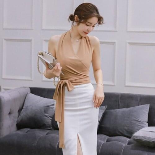 Women Bandage Vest 2020 Summer New Female Sleeveless V Neck Draped Sexy Party Crop Top Vest Halter Top Khaki Backless Short Tops