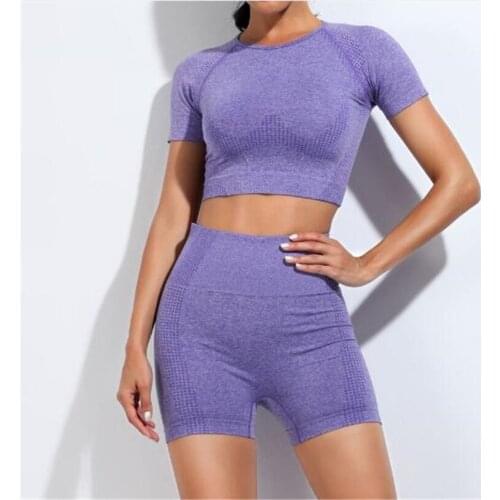 Workout Clothes Women Seamless Gym Set Sports Suits Crop Top Shirt High Waist Fitness Shorts 2 Pcs Running Sportswear
