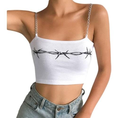 Women Metal Chain Spaghetti Strap Tube Crop Top Gothic Abstract Graphic Printed Camisole Ribbed Knit Summer Slim Vest
