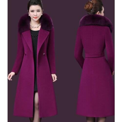 Lapel Fox fur collar Woman Wool Coat Jackets Fashion High-end Elegant Long Slim Winter Outwear Casaco feminino Plus Size f1613