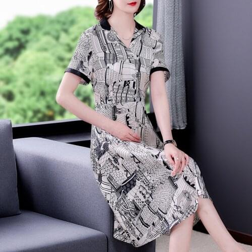 2021 Summer Casual Print Mulberry Silk Midi Dress Women Fashion Vintage 4XL Plus Shirt Size Dress Elegant Bodycon Party Vestidos