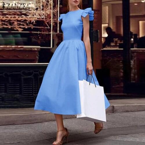2021 ZANZEA Fashion Dresses Women Summer Ruffle Maxi Vestidos Casual Solid A-line Long Sundress Ladies Sleeveless Robe