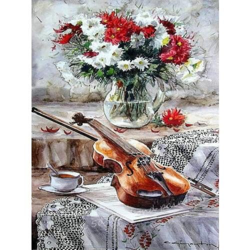 5d diy diamond painting violin flowers full square / round drill rhinestone 3d mosaic embroidery wall stickers