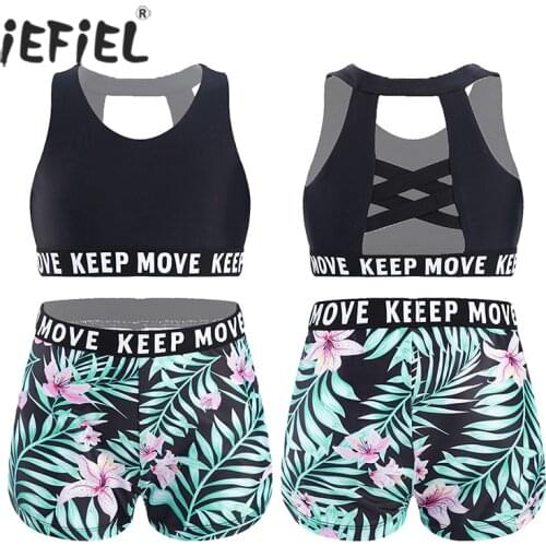 Kids Summer Sport Suit Letter Print Sleeveless Tanks Crop Top Ballet Dance Gym Workout Vest+Bottoms Shorts Girl Dancewear Outfit