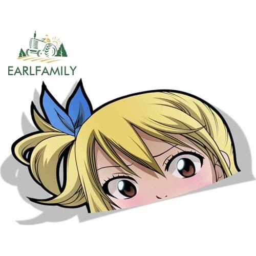 EARLFAMILY 13cm x 7.6cm for Lucy Heartfilia Fairy Tail Peek Big Head Anime Vinyl Car Sticker JDM Window Decal Car Accessories