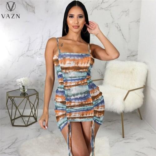 VAZN 2021 New Fashion Hot Sale Women Sexy Holiday Girl Style Short Dresses Sleeveless Strapless Printed Mini Short Dresses