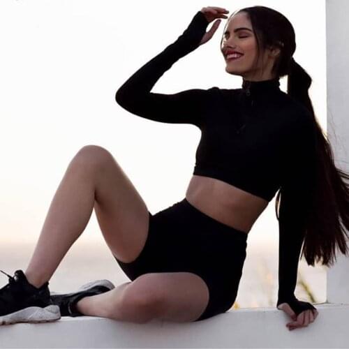 Hot Sale Female Fluorescence Fitness Two Pieces Sets Autumn Full Sleeve Zipper Turtleneck Tops And High Waist Shorts Suits
