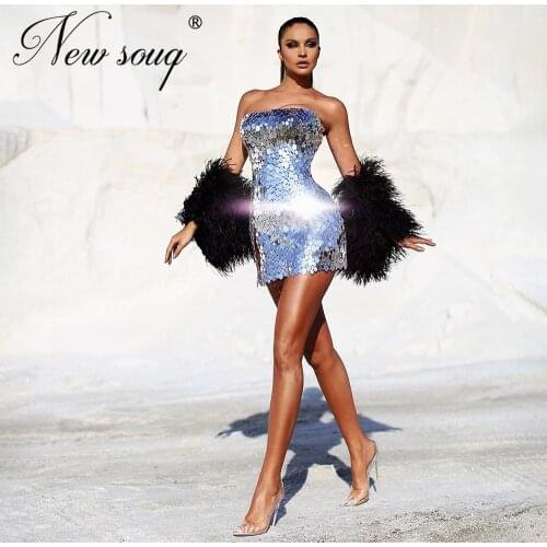 Customized Beading Dubai Evening Dresses Shiny Feathers Short Celebrity Dress Sequins 2020 Party Gowns Middle East Evening Wear