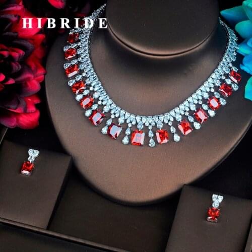 HIBRIDE Luxury Red Color Square Shape CZ Jewelry Sets For Bride Necklace Set Wedding White Gold Color Accessorie Wholesale N-418