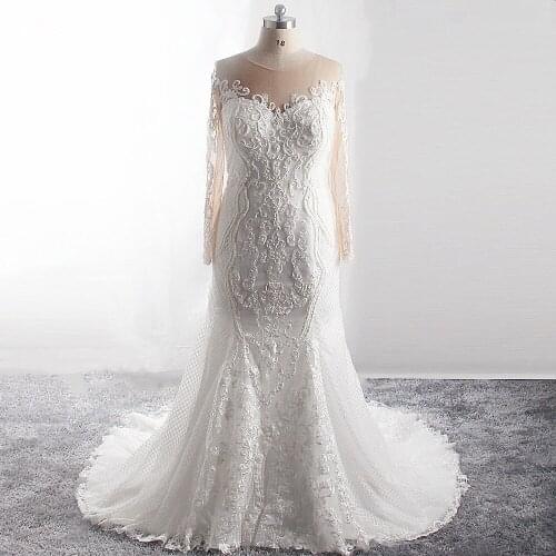 LZ408 Luxury Heavy Beading Lace Dress Long Sleeve Ivory Buttons Mermaid Wedding Dress Vestido De Noiva