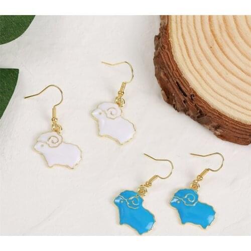Cute Animal White Blue Enamel Alpaca Sheep Drop Earrings For Women Girls Gold Color Metal Dangle Earring Jewelry Gifts