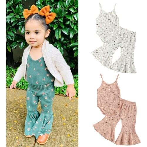 1-3Years Fashion Children Girls Summer Outfits Clothes Floral Sleeveless Strap Bodysuits+Flare Pants Toddler Girls Casual Sets