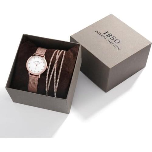 IBSO Womens Watches Set 8mm Ultra thin Rose Gold Mesh Stainless Steel Strap Quartz Clock Hours Sets Ladies Relogio Masculino