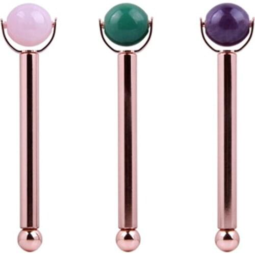 Natural Rose Quartz Jade Roller Facial Massage Crystal Stone Jade Massager Slimming Face Massager Lifting Tool Metal Rod Roller