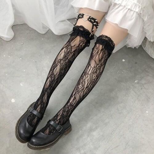 Lolita lace lolita socks female dark rivets leg loops Japanese over the knee lace mid-length tube thigh socks socks long socks