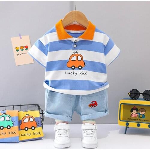 Toddler Boy Clothes Kids Fashion Summer Stripes Lapel Cartoon Cute Car Short Sleeve Sports Shorts 2-piece Set 1 2 3 4 Years