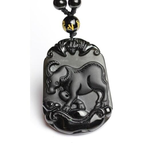 Natural Black Obsidian Beads Necklace Hand-Carved Zodiac Cattle Jade Pendant Charm Jewelry for Man Women Auspicious Amulet Gifts