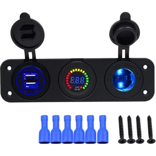 Car Boat Switch Panel 12V Outlet Socket Panel Blue LED Voltmeter Dual USB Power Adapter Charger for Auto Boat Marine RV
