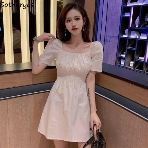 Women Dress 5 Quarter Square Collar Stretchy Solid Slim A-line Elegant Sexy Elastic Waist Palace Style Empire Above-knee Fashion