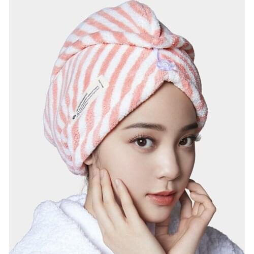 Microfiber Hair Towel Wrap Hat Thicken Velvet Stripes Super Absorbent Quick Dry Head Turban Shower Cap with Buttons for Women