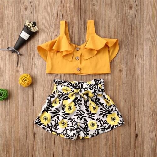 Pudcoco Girls Ruffle Sleeveless Crop Top Flower Print Shorts Summer Outfit Toddler Clothes