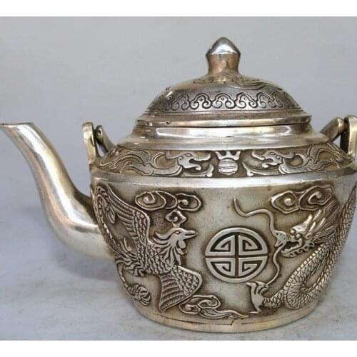 Rare Old Silver carving dragon& phoenix pot,,handmade crafts,best collection & adornment,free shipping