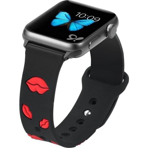 Fasion Kiss Pattern Silicone Sport Strap For Apple Watch 38mm 40 mm 42mm 44mm Band Series 2 3 4 5 Red Lips Lovely Style Bracelet