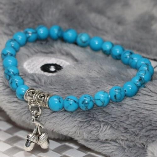 Silver-color strawberry pendant 6mm round beads blue synthetic calaite turquoises beads stone bracelets jewelry 7.5inch B2121