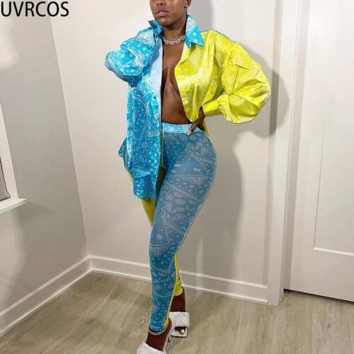 UVRCOS Womens Summer Clothing New Fashion Two Piece Set Women Bohemian Style Print Lapel Inch Shirt And Leggings Matching Outfit