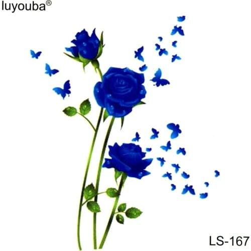 Blue Rose And Butterfly Waterproof Temporary Tattoo Sticker Blue Flowers Fake Tattoo The Flash Stickers Tatuagem Tatoo