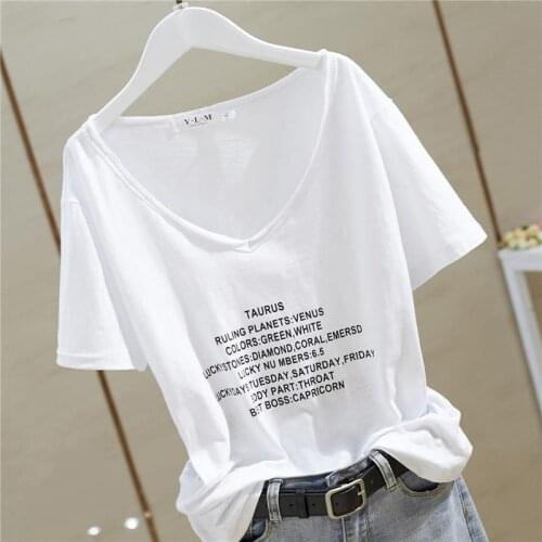 T Shirt Women 2021 New V-neck Loose Top Slub Cotton Letters Wild Short-sleeved Bottoming Shirts Female T Shirt Ins Tide Sexy Top