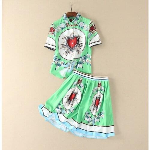 European and American womens wear in 2018 The new spring Short sleeve lapel Printed shirting shirt Pleated skirt suit