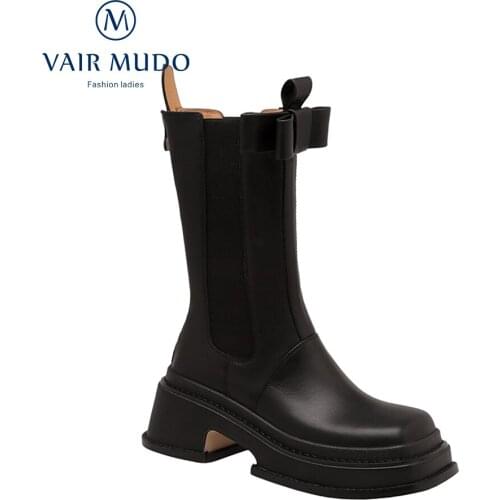 VAIR MUDO Ankle Boots Women Thick Bottom Genuine Leather Concise Platform Round Toe Black Autumn Winter Adult Footwear DX76L