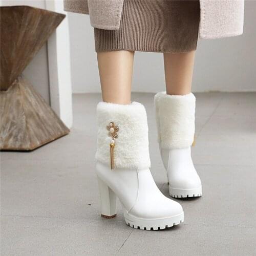 YMECHIC 2020 Fashion Faux Fur High Heel Ankle Boots for Women White Pink Black Crystal Chain Platform Heels Ladies Winter Shoes