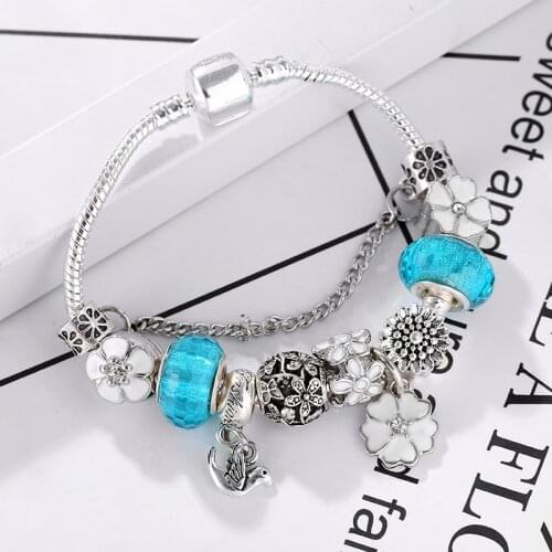 High Quality Silver Plated Charm Bracelets For Women With Flower Charm Beads Fit Original Brand Bracelet Fashion Jewelry Gift