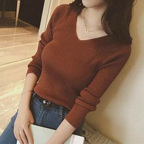2021 New Autumn V Neck Sweater Knitted Fashion Womens Sweaters Long Sleeve Soft Elastic Pullover Jumper Pull Femme Hiver